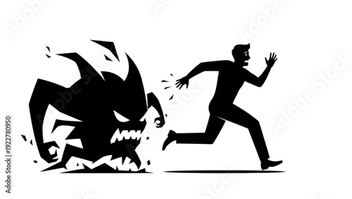 Man Running From Angry Monster Silhouette Concept of Uncontrolled Anger