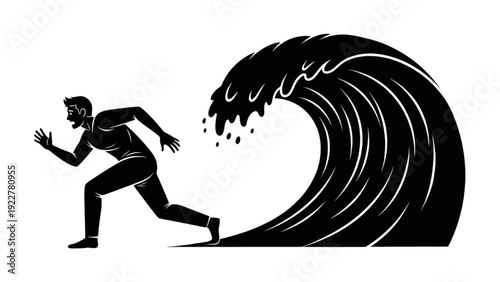Man Running from an Enormous Crashing Wave Illustration