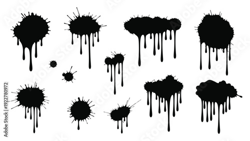 ink splatter and drip stains set black paint splashes grunge liquid blots collection