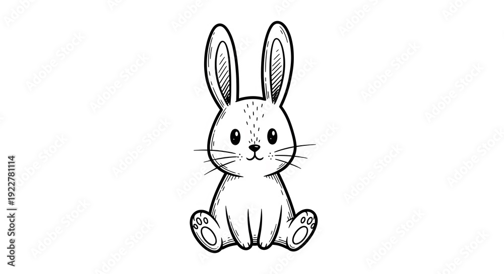 Fototapeta premium Adorable hand-drawn black and white illustration of a sitting baby bunny with a minimalist style, perfect for children's designs or simple animal motifs and playful graphics