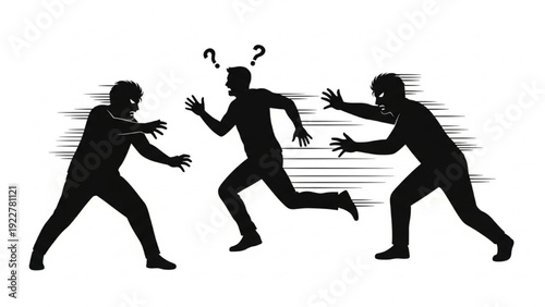 Confused Man Between Two Opposing Forces Silhouette Concept of Decision Making Dilemma