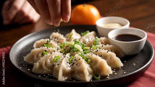 Hand Sprinkling Sesame Seeds Over Delicious Asian Dumplings Garnished with Green Onions and Dipping Sauces, Appetizing Meal