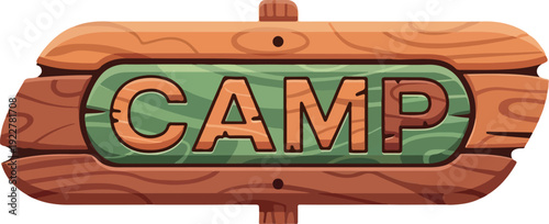 A wooden sign displaying the word CAMP in a rustic outdoor environment