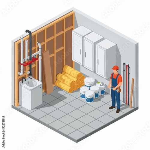Construction Worker Standing in Utility Room with Supplies.