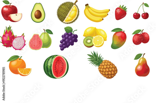 Fresh Tropical and Seasonal Fruit Collection with Apple Avocado Banana Pineapple Watermelon Grapes and Citrus Vector Illustration Set