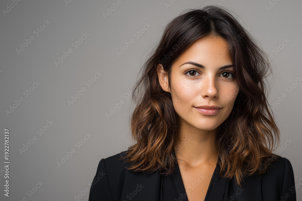 Naklejka premium Job. young Hispanic business woman looking at camera, modern corporate headshot portrait.