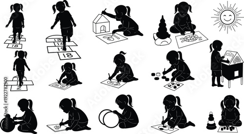 Black silhouette collection of a little girl playing hopscotch drawing painting and playing with toys isolated on white background for kids education and preschool design