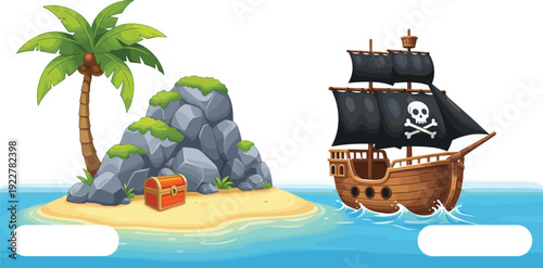 Pirate Ship Sailing Near Tropical Island with Palm Tree Treasure Chest and Skull Flag Adventure Vector Illustration Scene