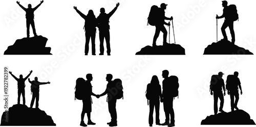 Black silhouette collection of hikers and mountain climbers with backpacks standing on peaks shaking hands and celebrating isolated on white background for outdoor adventure design