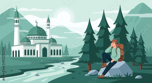A lone traveler resting by a river with a mosque in the distance.