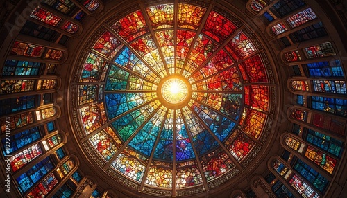 Radiant Stained Glass Ceiling – Circular Mosaic with Multicolor Light, Cathedral Interior Architecture Photography