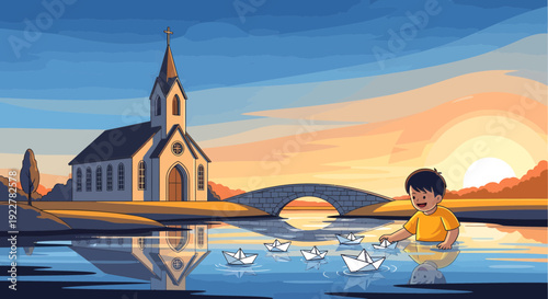 A young boy playing with paper boats in a serene body of water.