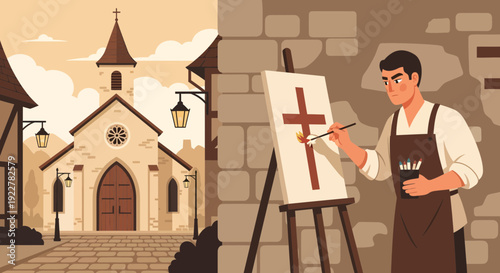 Artist painting a Christian cross on an easel.