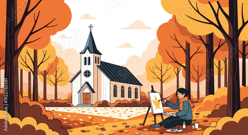 Artist painting a church in an autumn landscape.