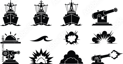 Black silhouette naval icons collection featuring warships, cannons, explosions, waves, smoke, and sun horizon symbols for military graphics, combat illustrations, and defense design projects