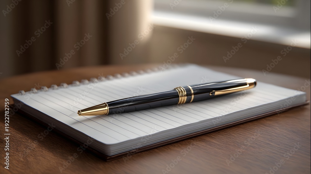 Naklejka premium A black and gold pen rests on an open lined notebook bathed in soft natural light on a wooden surface