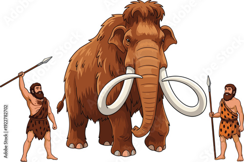 Prehistoric Mammoth with Ancient Hunters Holding Spears Ice Age Scene Historical Wildlife Vector Illustration Isolated on White Background
