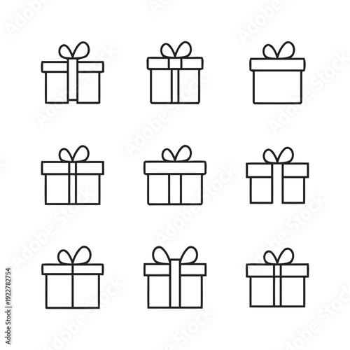 Nine line art icons of gift boxes with ribbons representing presents celebrations and holidays