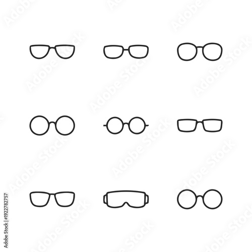 Nine line art icons of eyeglasses and goggles representing vision style and eyewear