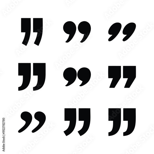 Nine quotation mark icons in black and white for speech and text representation