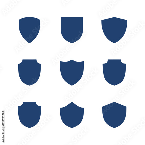Nine plain blue shield icons in various shapes for protection and security concepts