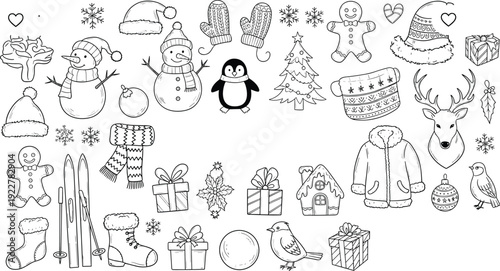 Christmas Winter Doodle Icon Set with Snowman Penguin Reindeer Gifts Tree Mittens and Holiday Decorative Elements Vector Illustration