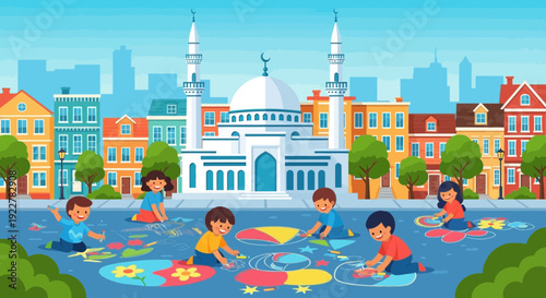 Children playing with colorful toys on the street.