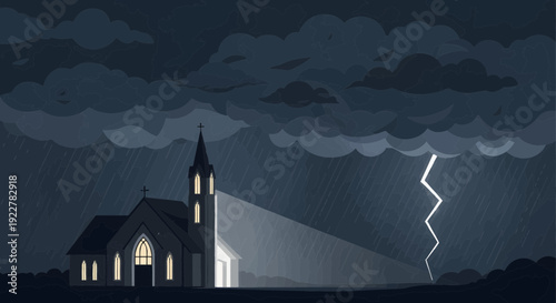 Church illuminated by light during a stormy night.