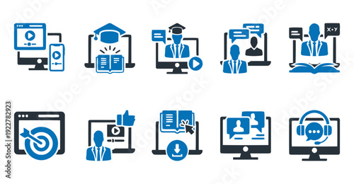 Online learning and e-learning icons for digital education and courses