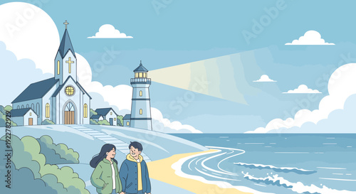 Couple walking along the beach near a church and lighthouse.