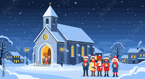 Children singing carols in front of a church on a snowy Christmas night.