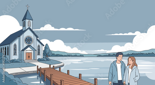 Couple walking on a wooden pier next to a church by the water.