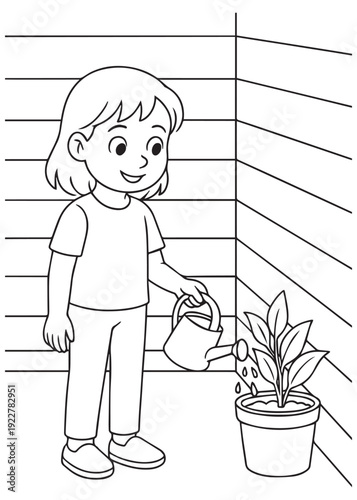 coloring book girl watering a potted plant in the garage corner