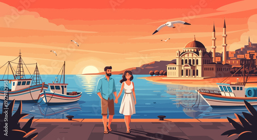 Couple walking hand in hand along the waterfront at sunset.