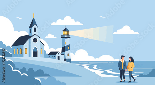 Couple walking on beach near church and lighthouse at sunset.