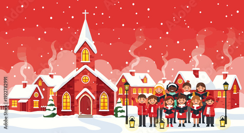 Diverse group of carolers singing Christmas carols in a snowy village.