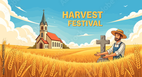 Farmer in a straw hat standing next to a stone cross.