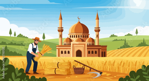 Farmer harvesting wheat in a field.