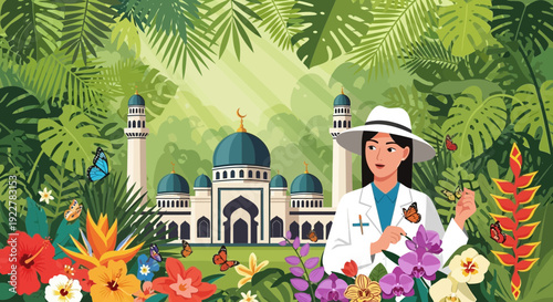 Female scientist in a hat holding a butterfly surrounded by vibrant tropical flowers.