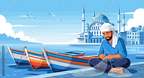 Fisherman mending net by the water.