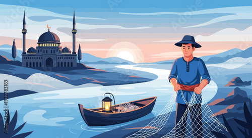 Fisherman preparing his net by the river at dawn.