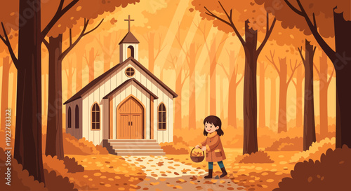 Little girl walking with a basket in an autumn forest.