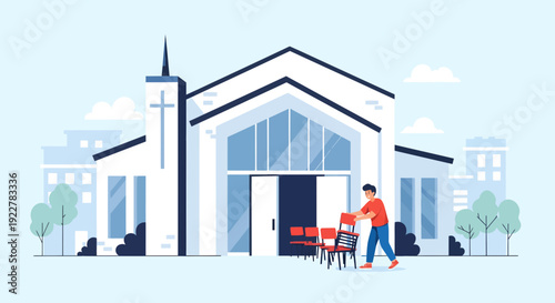 Man arranging chairs outside a modern church building.