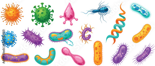 Diverse Vector Set of Microscopic Bacteria Viruses and Germs Featuring Pathogens Microbes and Amoeba Illustrations for Medical Science and Healthcare Education Designs