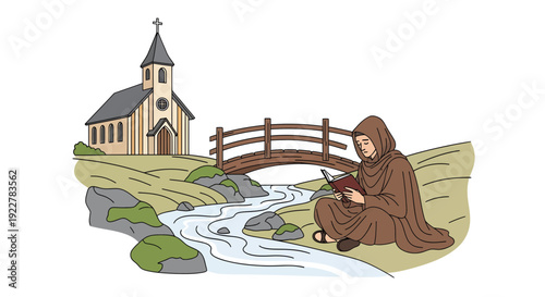 Monk reading a book by the river near a church.