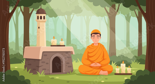 Monk Meditating Serene Forest Setting with Ancient Shrine and Candles.