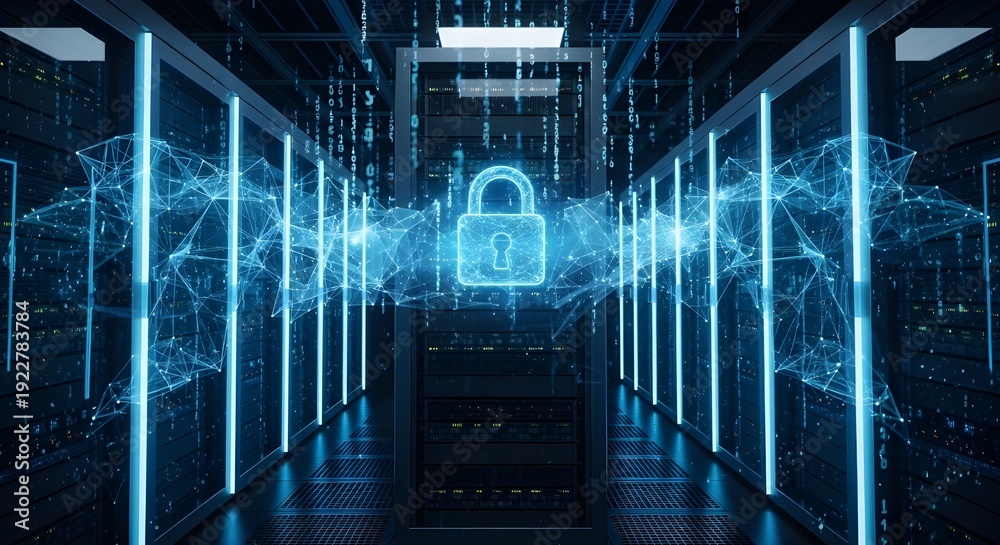 Fototapeta premium Cyber Security Data Server Room with Digital Padlock for Futuristic Network Connection