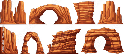 Collection of Red Rock Canyon Formations Featuring Natural Stone Arches, Mesas, Buttes, and Sandstone Cliffs for Southwestern Landscape and Geological Travel Graphic Designs