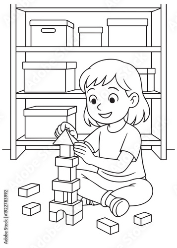 coloring book girl stacking wooden blocks to build a tower