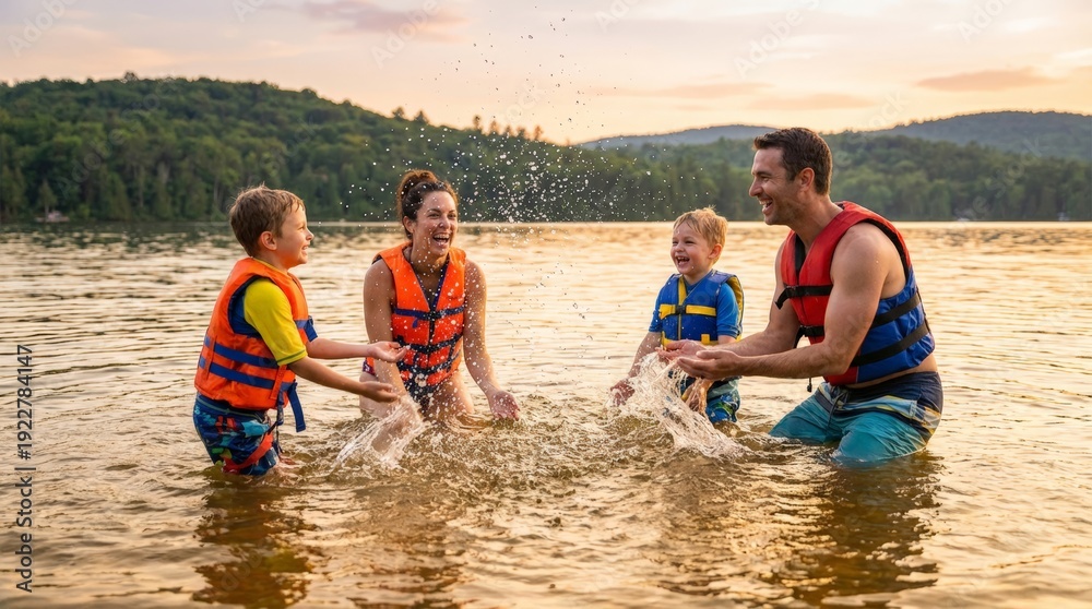 Obraz premium Family playing in shallow lake water during warm sunset